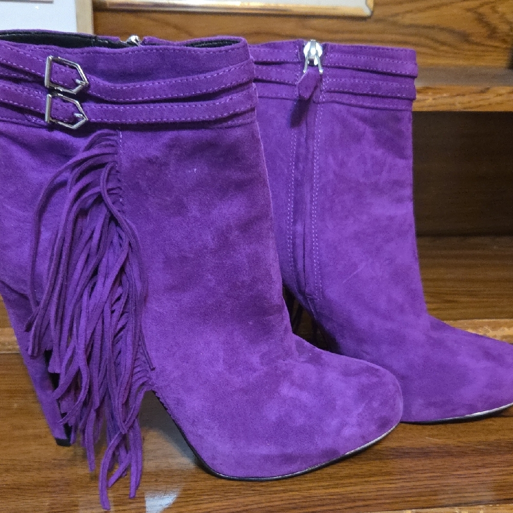Sam Edelman Purple Suede Fringe Heeled Boots